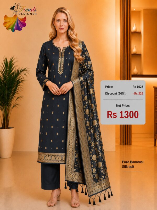 Pure Banarasi Silk Suit Charcoal Black Designer Dress Material with Banarasi Woven Dupatta