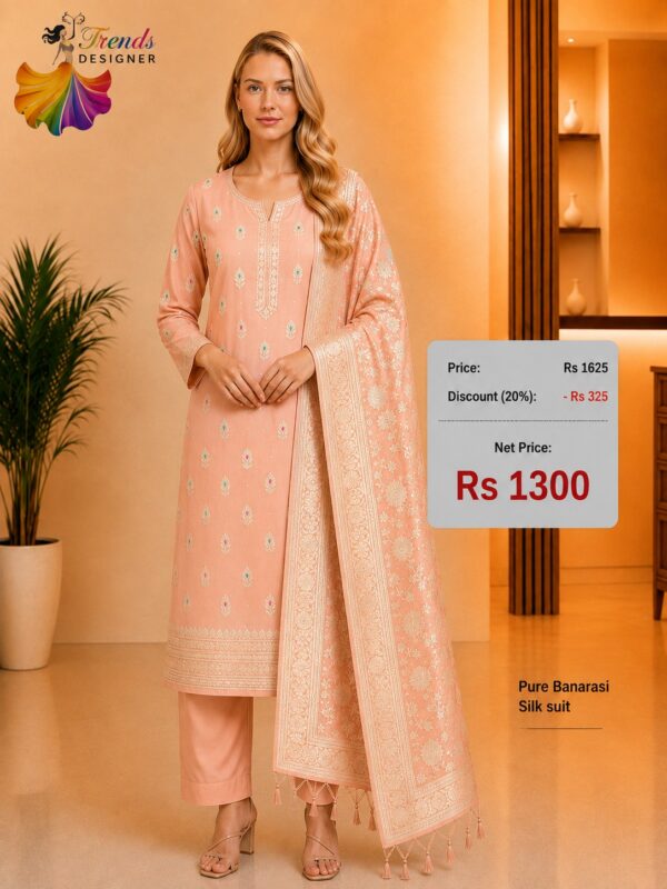 Pure Banarasi Silk Suit Peach Designer Dress Material with Banarasi Woven Dupatta