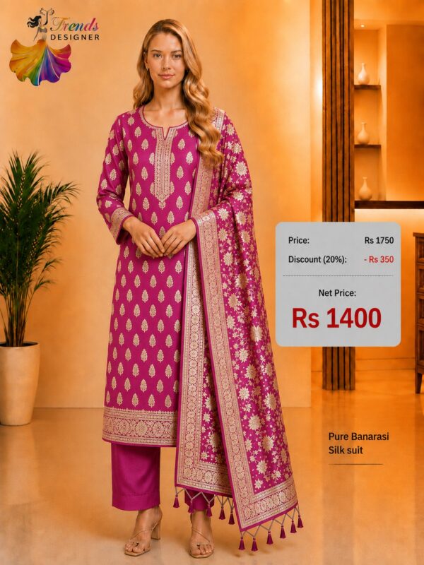 Fuchsia Pink Pure Banarasi Silk Dress Material with Designer Banarasi Dupatta