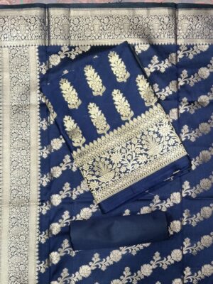 Pure Banarasi Silk Navy Blue Dress Material with Woven Dupatta for Women