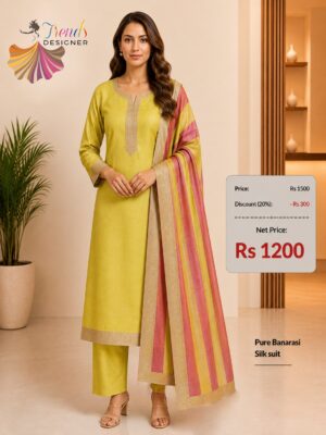 Pure Banarasi Silk Suit Set in Mustard Yellow with Designer Dupatta