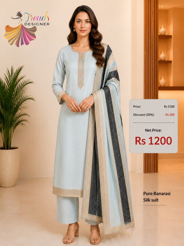 Pure Banarasi Silk Ice Blue Designer Dress Material with Matching Banarasi Dupatta by Trends Designer Wear