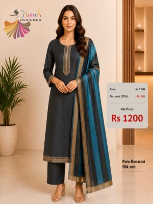 Pure Banarasi Silk Suit Set in Charcoal Black with Teal Blue Dupatta
