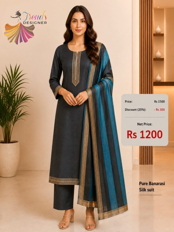 Pure Banarasi Silk charcoal black dress material with matching bottom and teal blue Banarasi silk dupatta by Trends Designer Wear