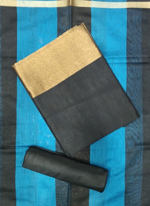 Pure Banarasi Silk charcoal black dress material with matching bottom and teal blue Banarasi silk dupatta by Trends Designer Wear